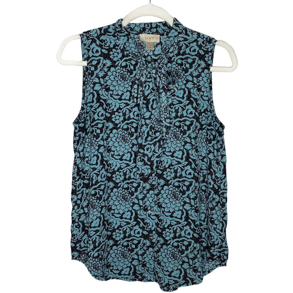Ann Taylor LOFT Factory Button Up Tie Neck Floral Blouse Tank Top Small Blue
